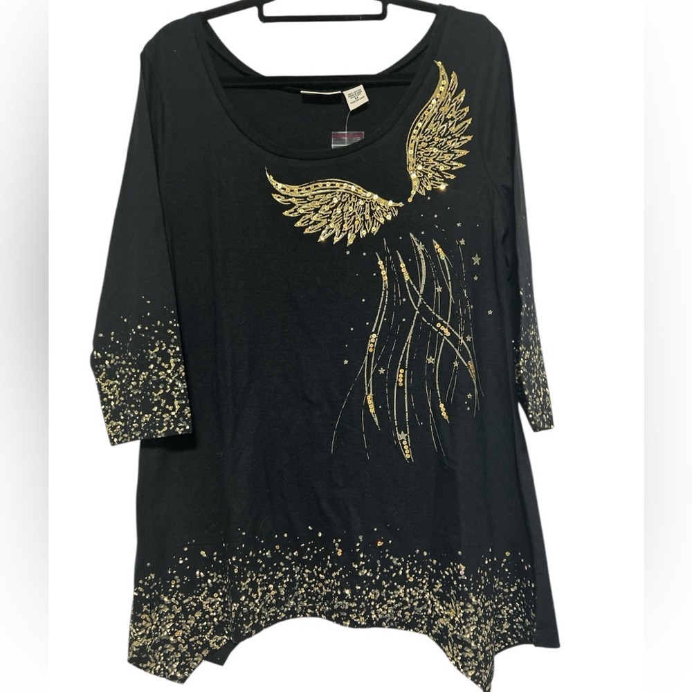Collections Etc Black Gold Sequin Angel Wings Tunic Top Size M